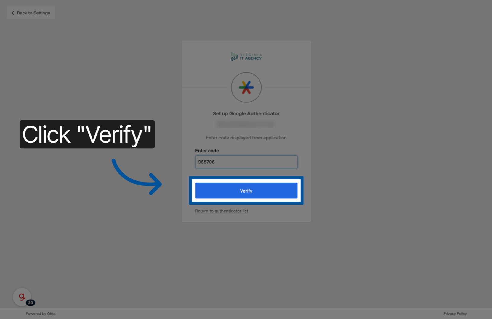 Screenshot showing the Verify button to complete authentication setup