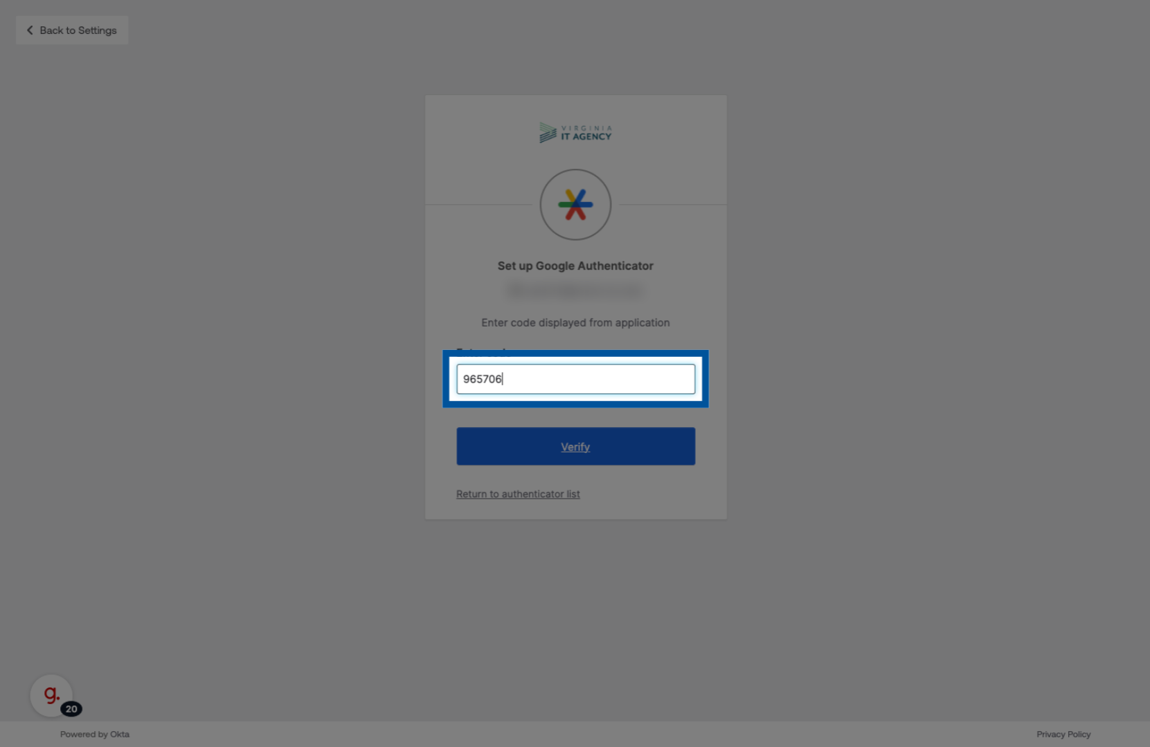 Screenshot showing the authentication code being entered in the verification field