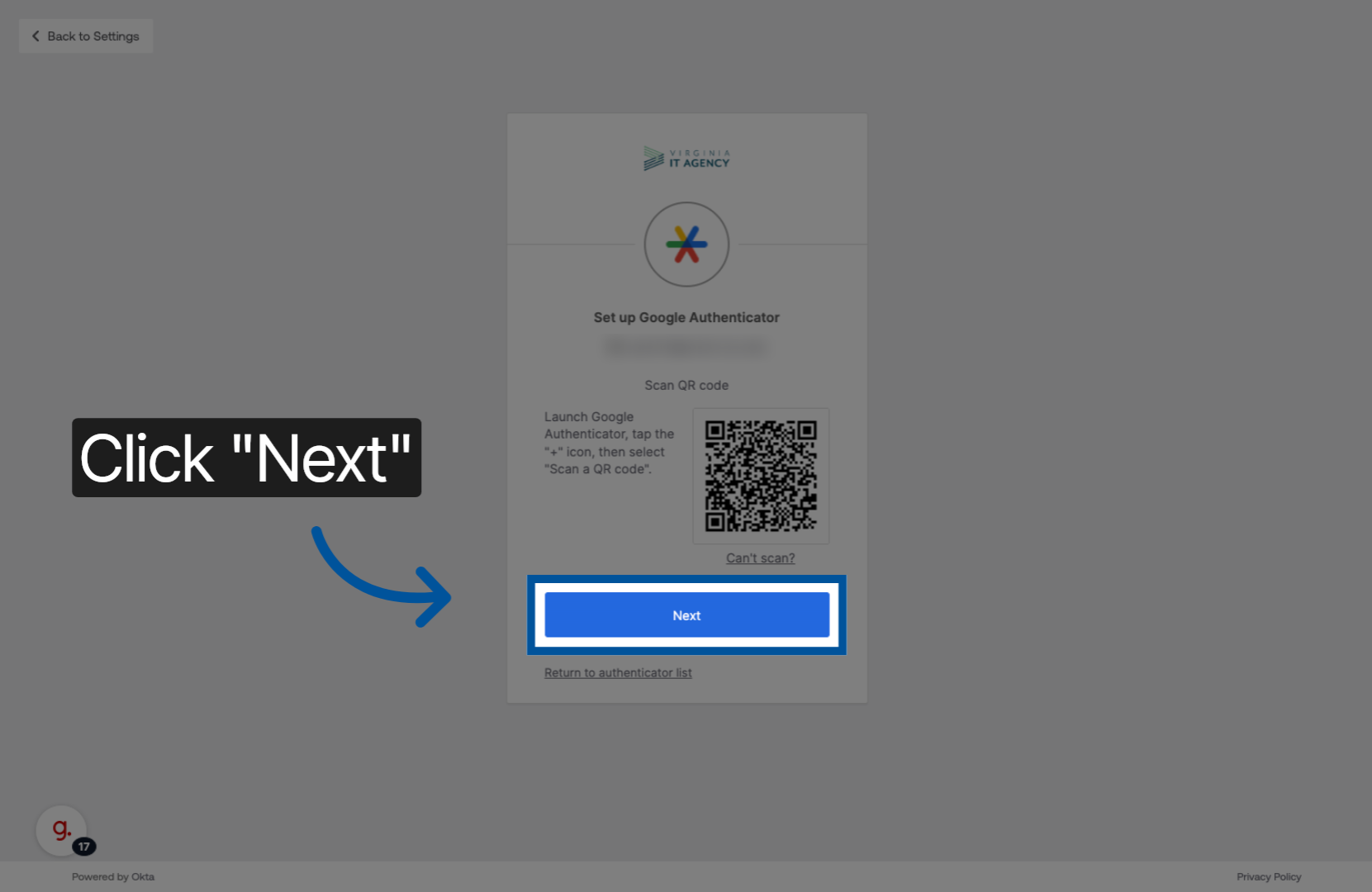 Screenshot showing Next button in setup wizard