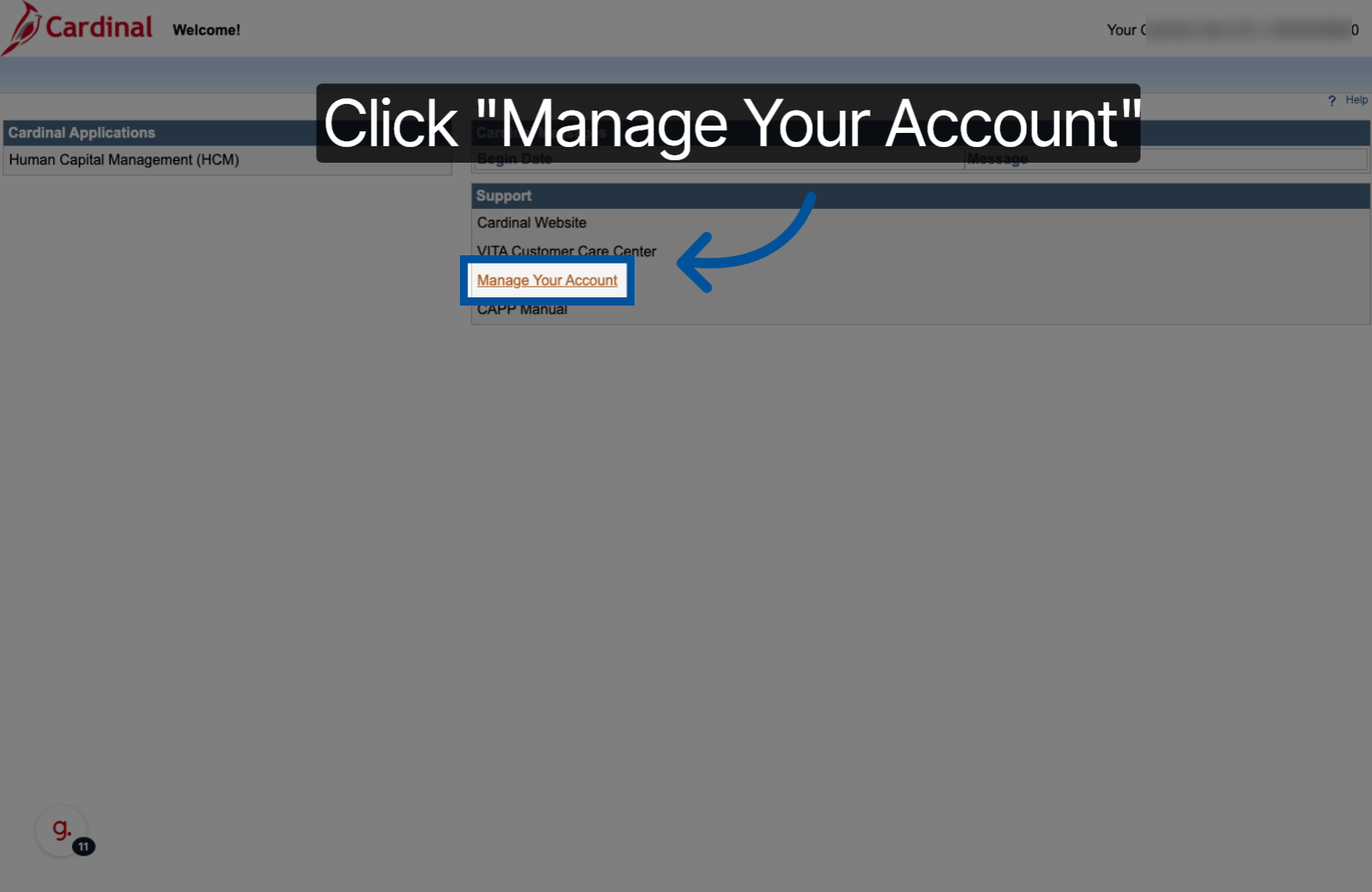 Screenshot showing the Manage Your Account option in Cardinal dashboard