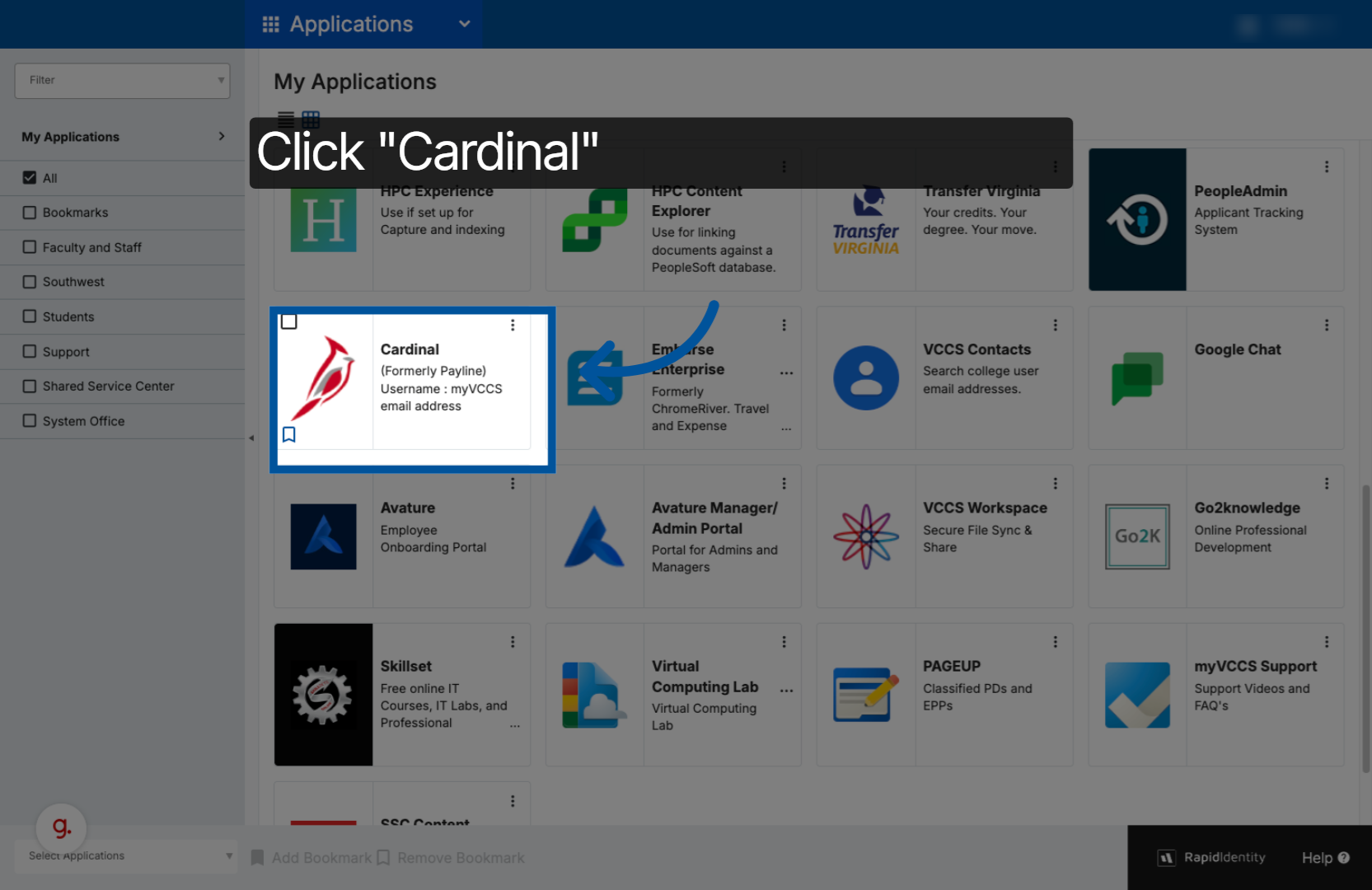 Screenshot showing the myVCCS portal with Cardinal application selection
