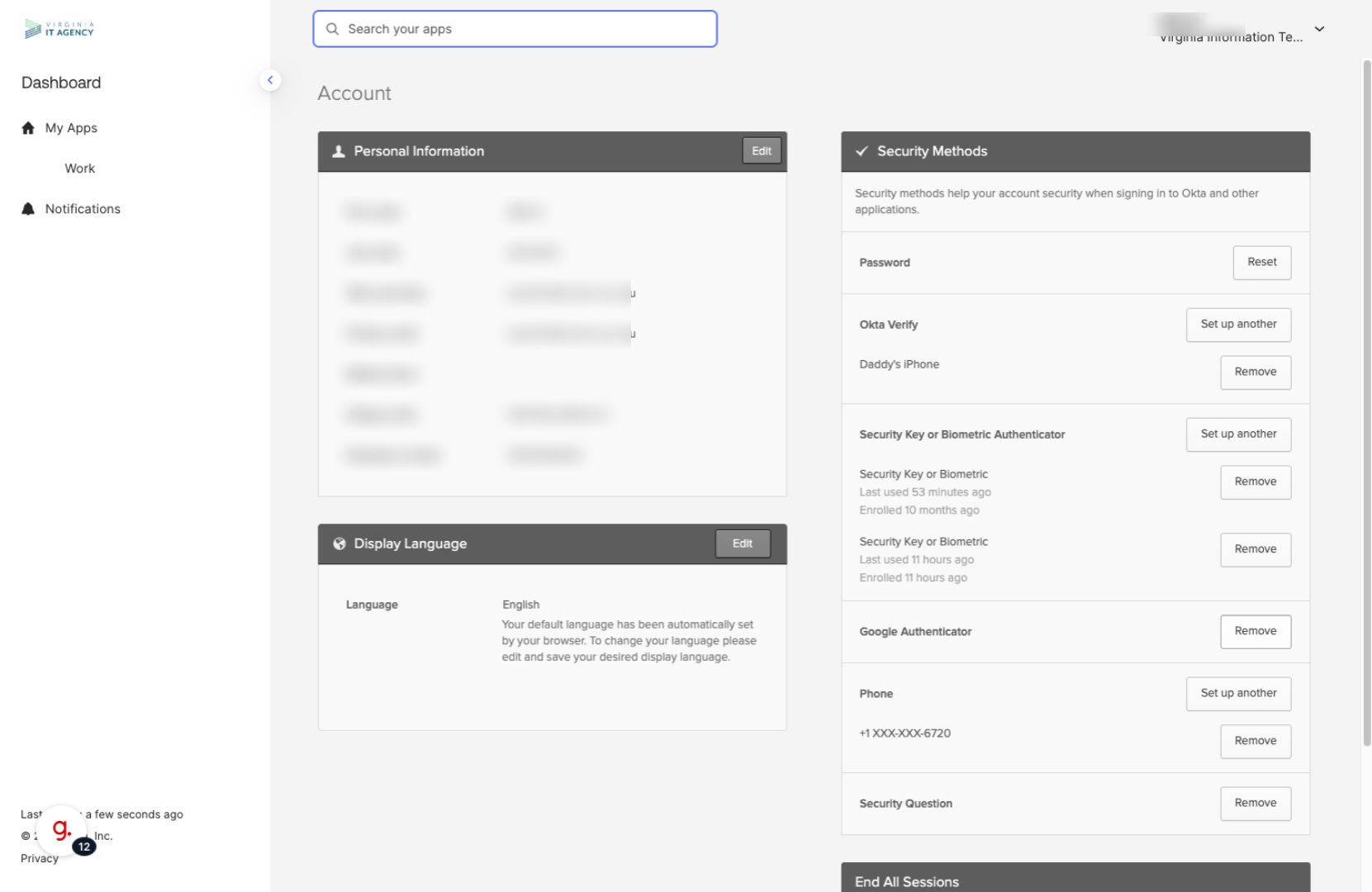 Screenshot of Okta portal showing available security verification methods