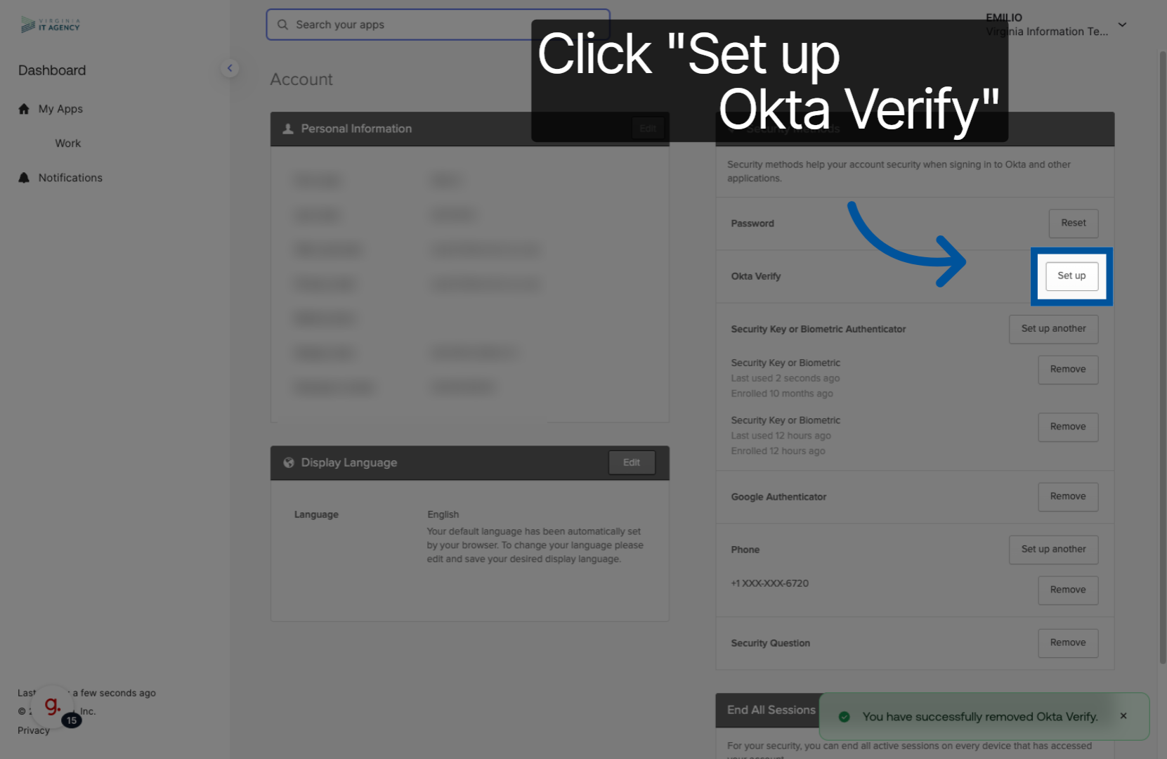 Screenshot of Okta portal with Set up button next to Okta Verify option highlighted