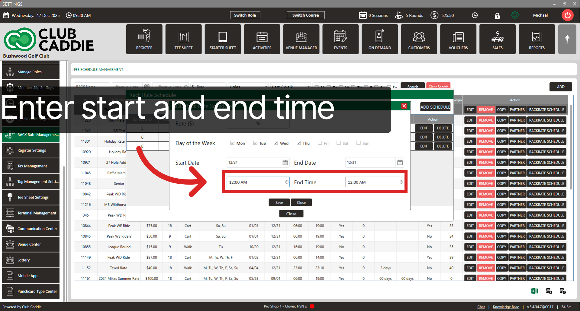 Open Start Time Selector
