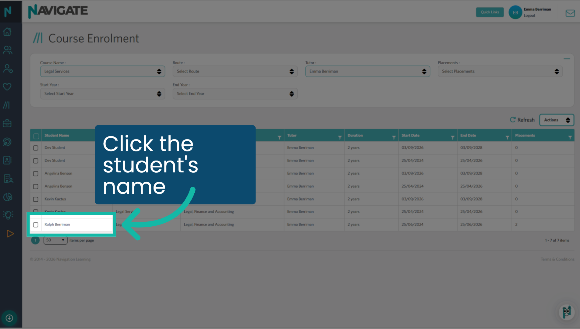 Click the student’s name