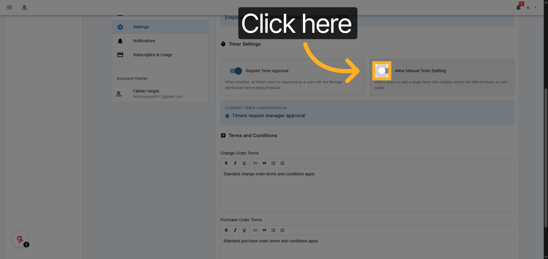 Activate Time Splitting Feature