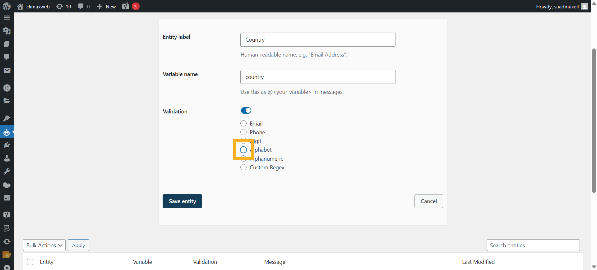 Select an Alphabet validation option for a custom entity