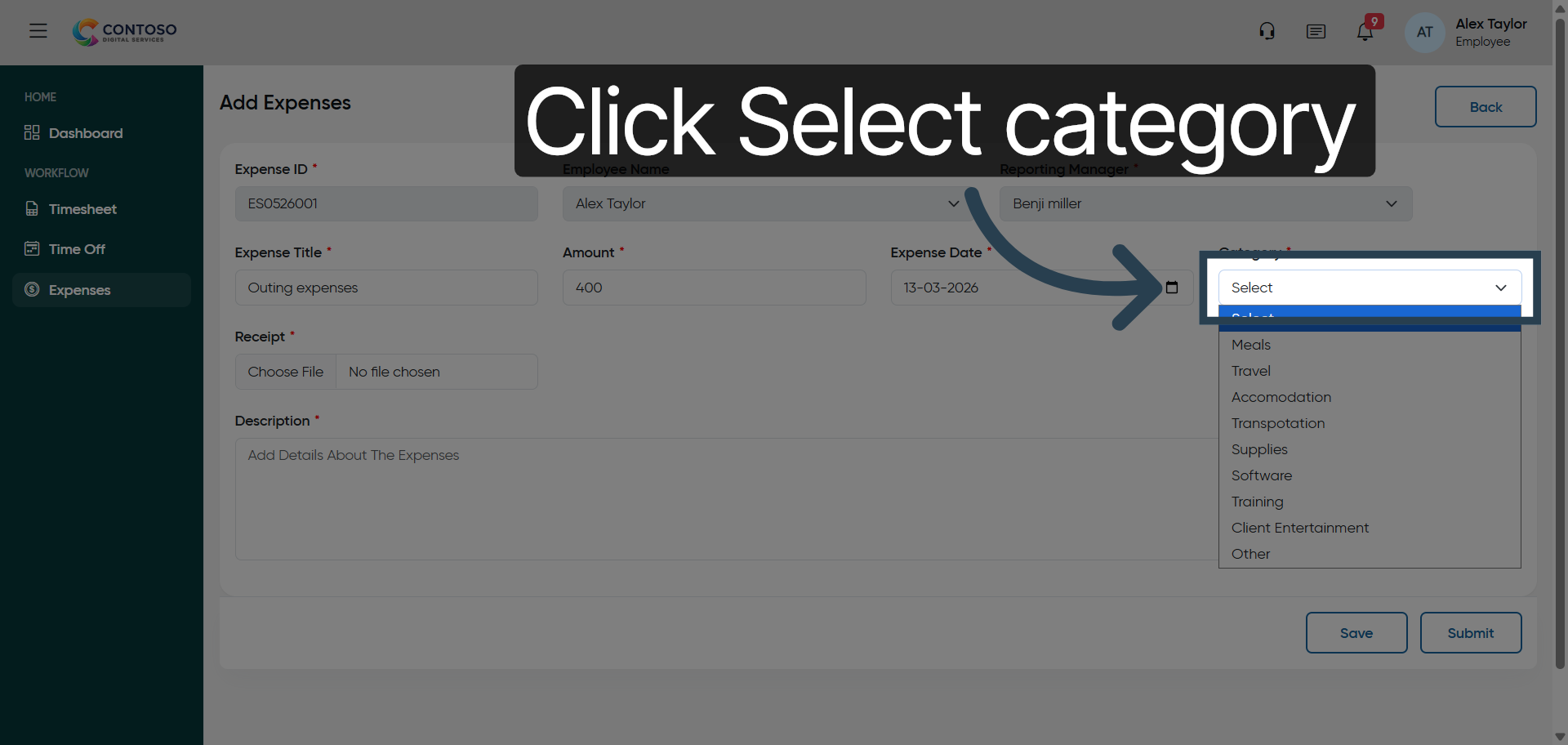 Open Expense Category Dropdown