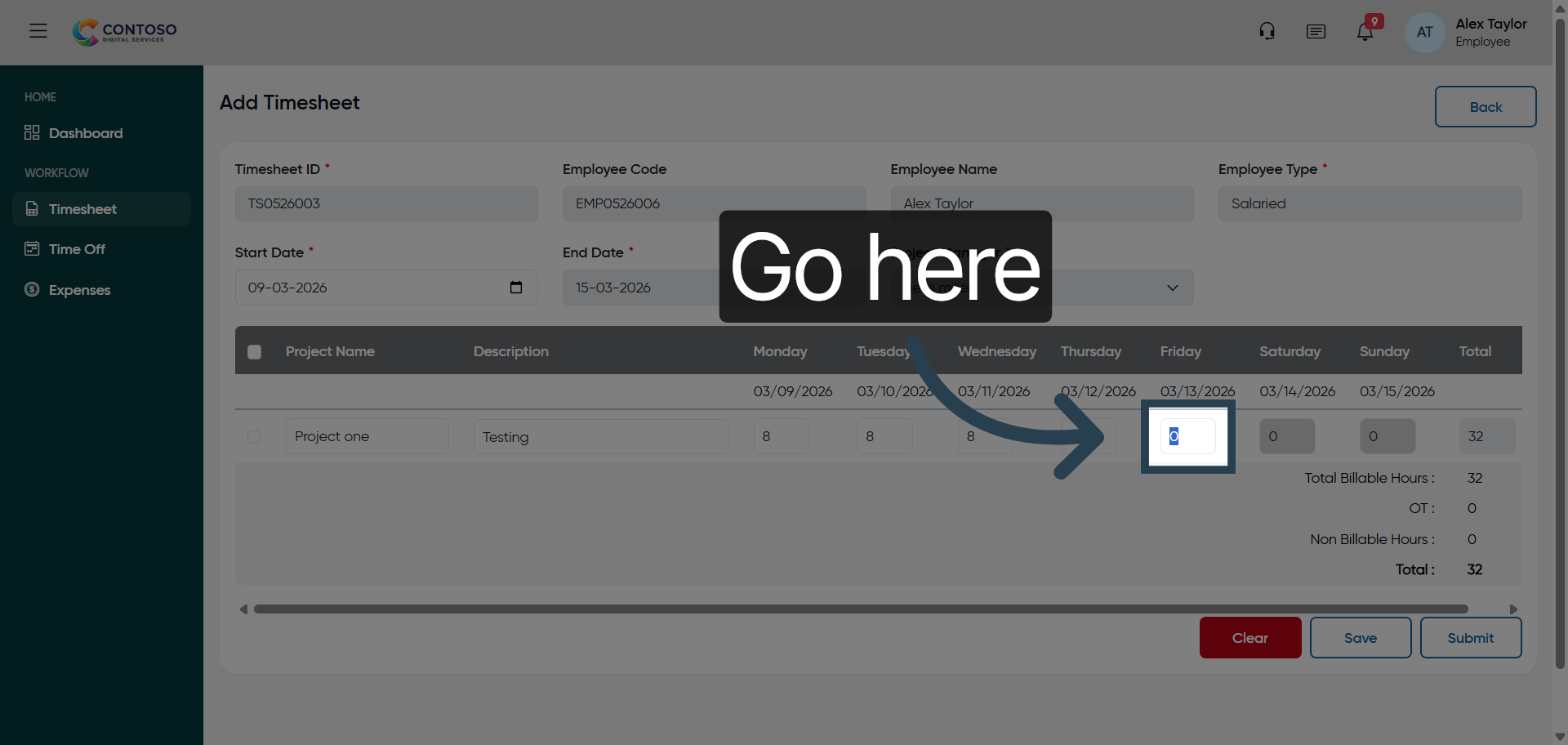 Navigate to Hours Input