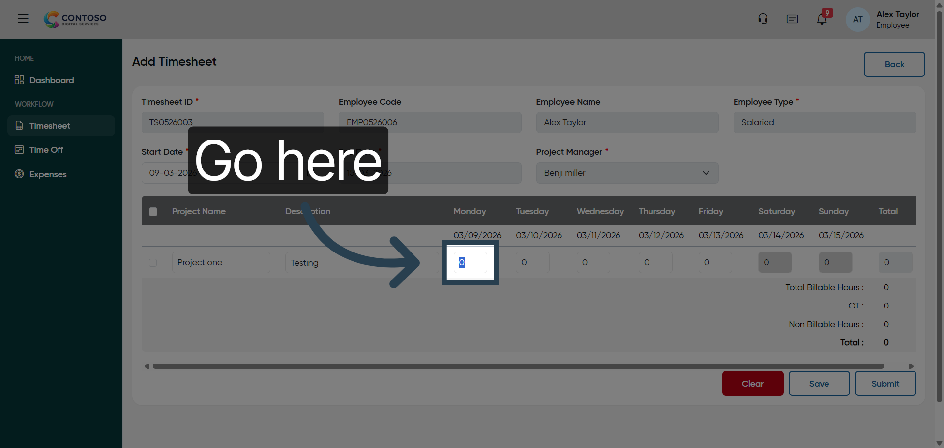 Navigate to Hours Field