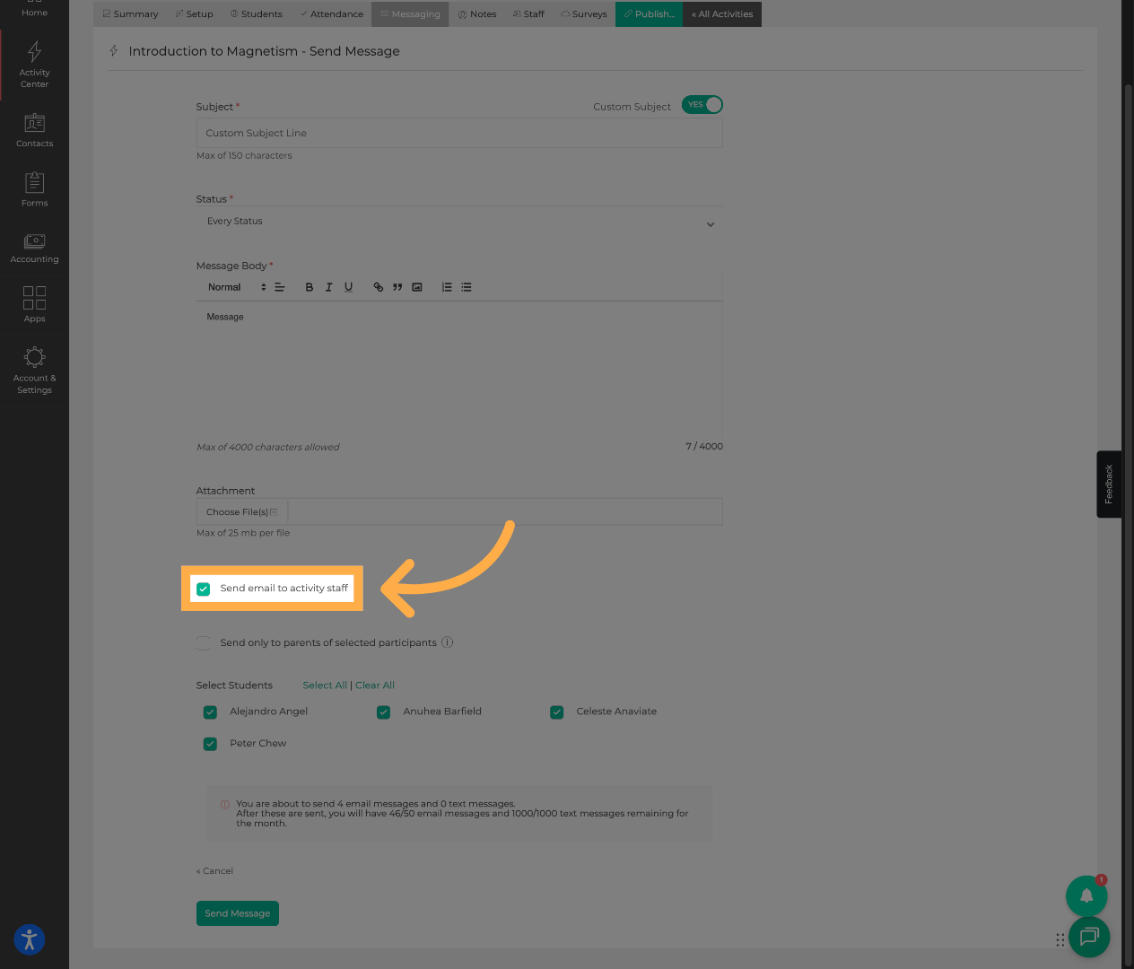 Send a Copy to Activity Staff (Optional)