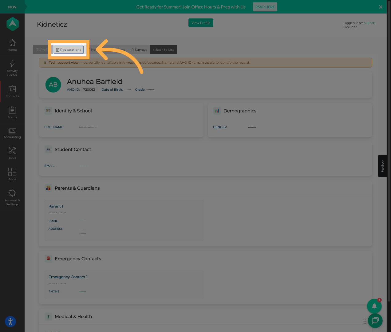 Open Registrations Tab