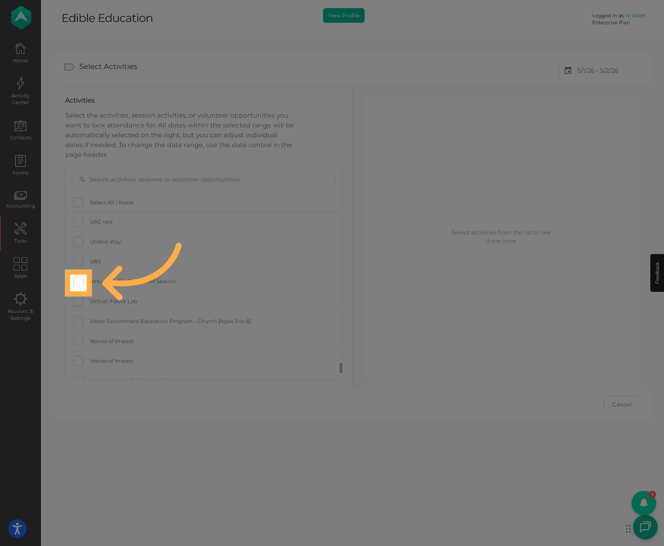Choose Activities for Attendance Locking