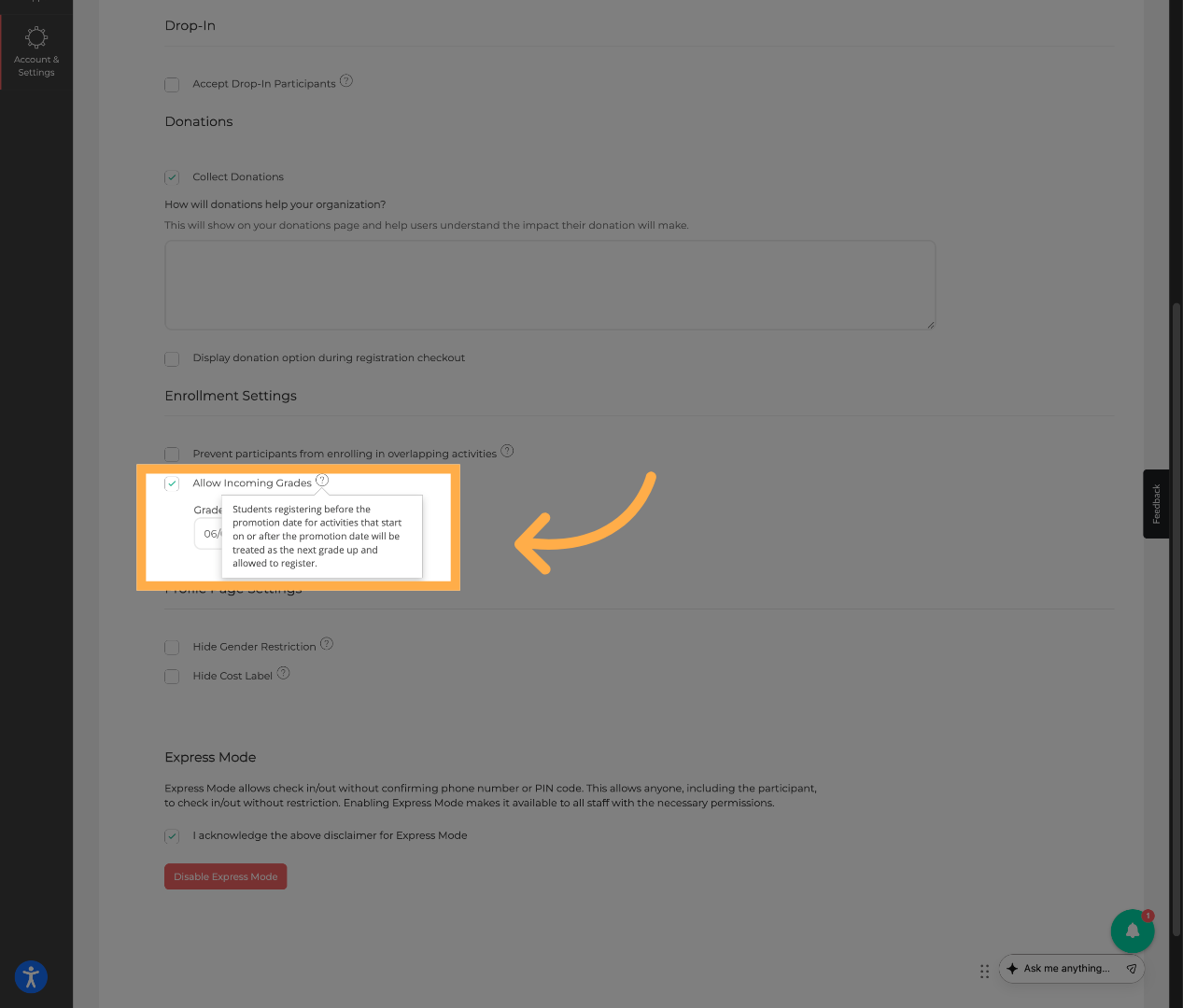 Confirm Incoming Grades Activation