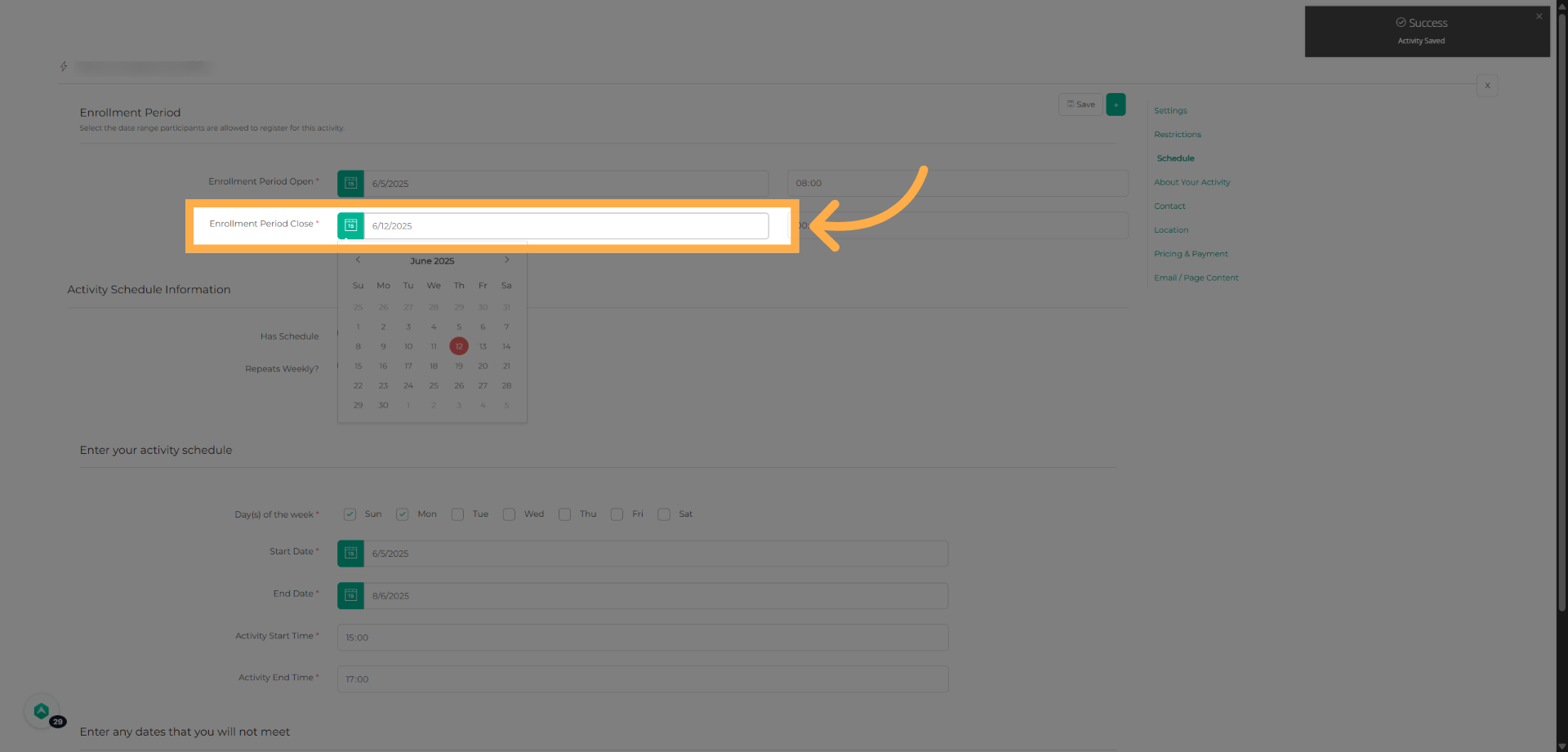 Select the end of the enrollment period