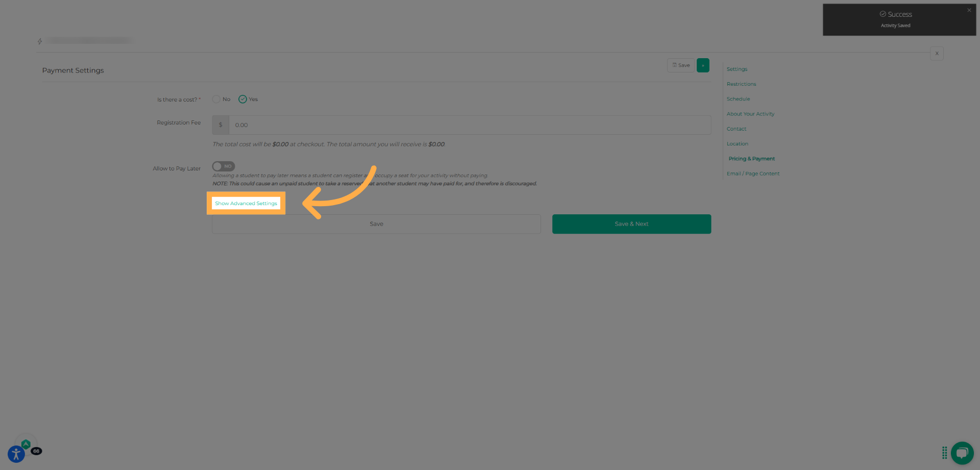 Click "Show Advanced Settings"