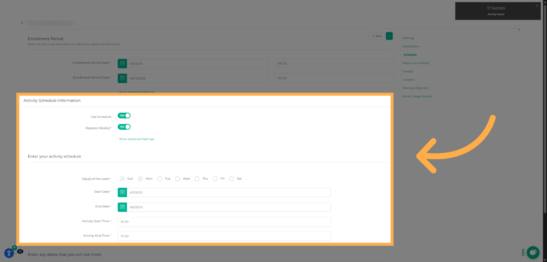 Select the Activity Schedule Information below