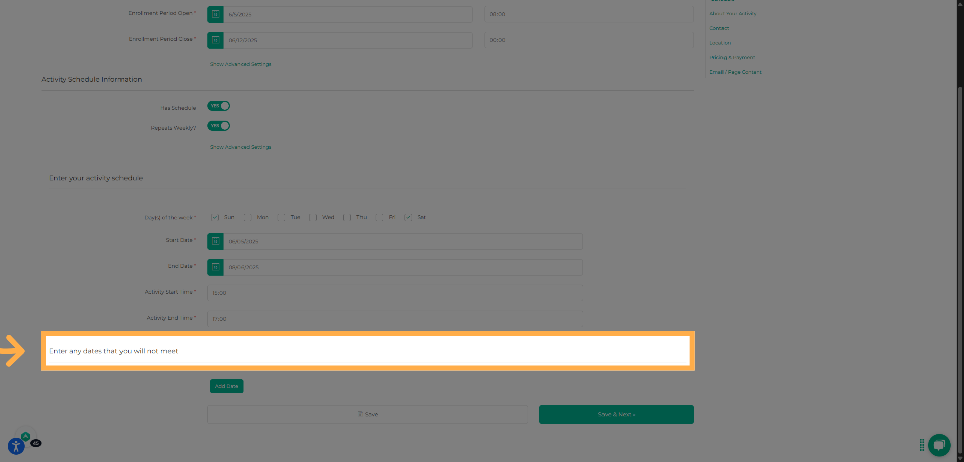 Click "Enter any dates that you will not meet"