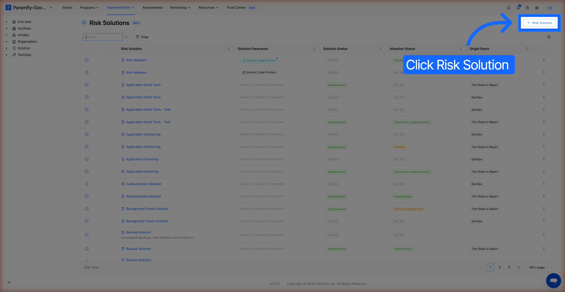 The "Create a Risk Solution" modal with Name, Risk Family, and Risk dropdowns.