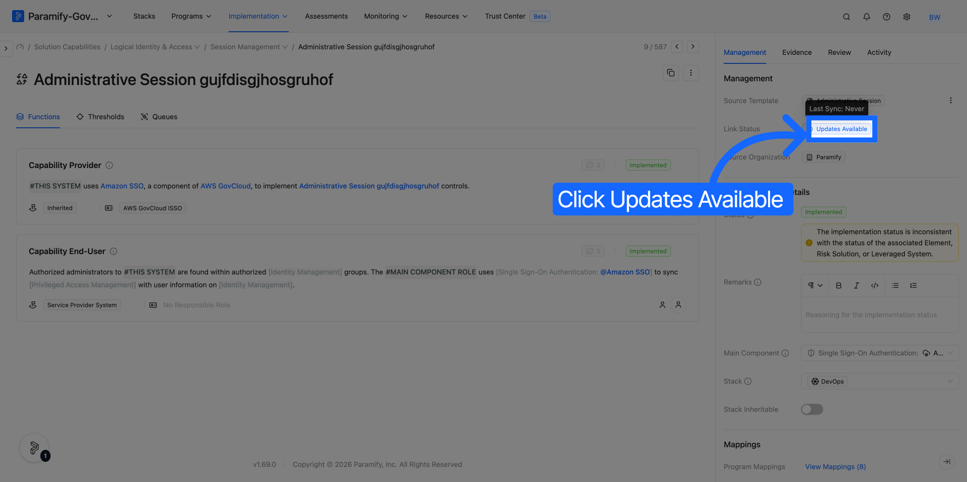 SC detail page showing the Updates Available button in the Management sidebar next to Link Status