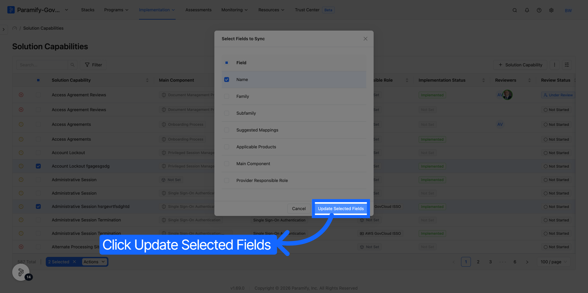 Bulk Field Sync Modal with Update Selected Fields button highlighted