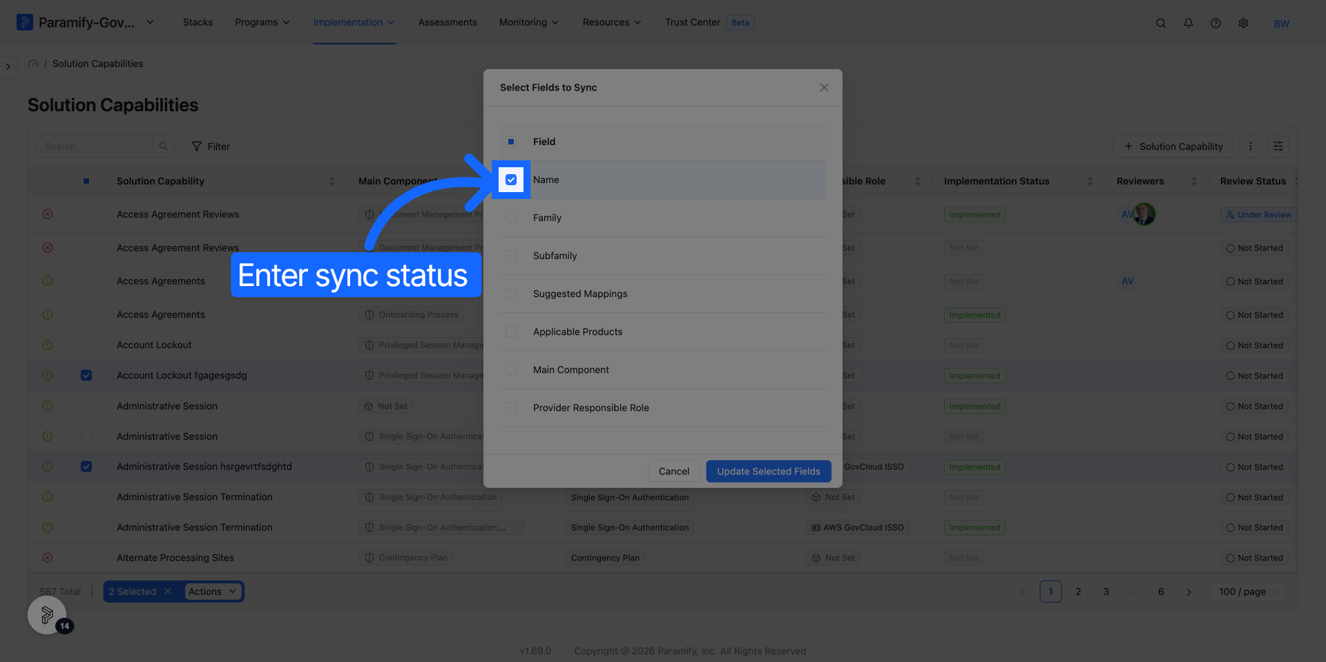Bulk Field Sync Modal showing field checkboxes with Name selected and Update Selected Fields button