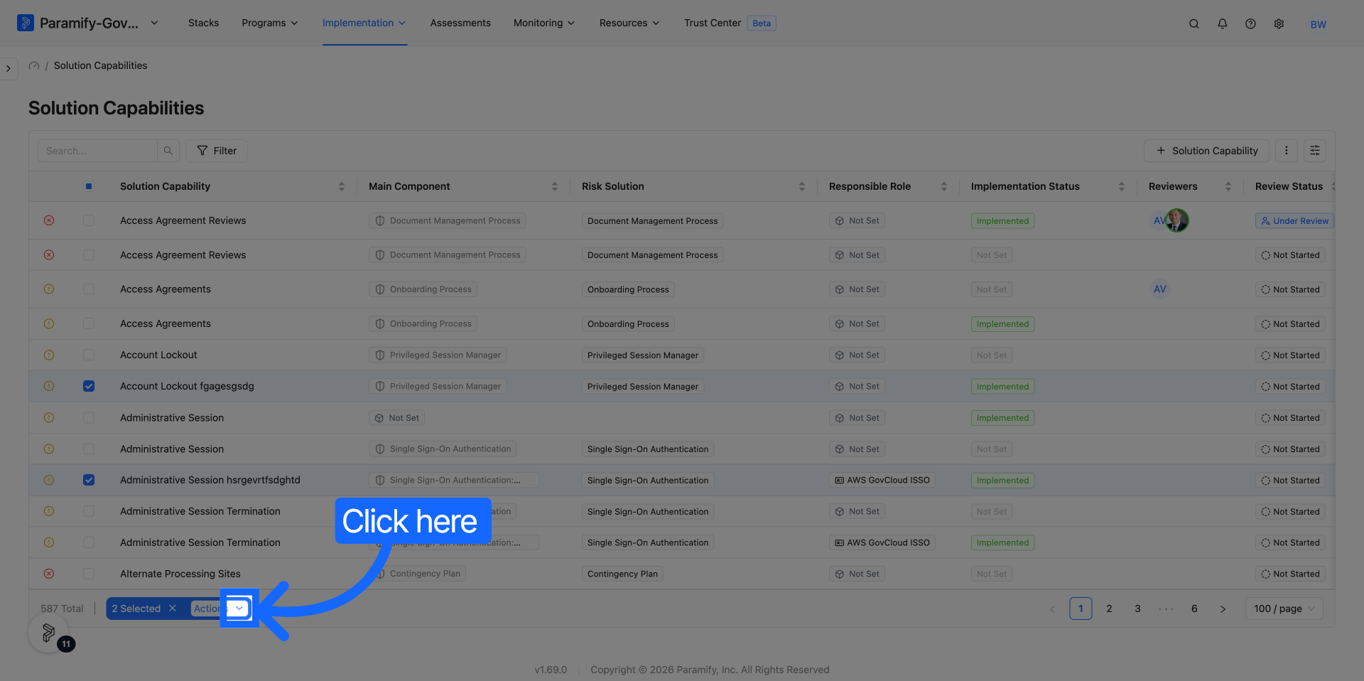 SC list page with Solution Capabilities selected and the Actions dropdown visible