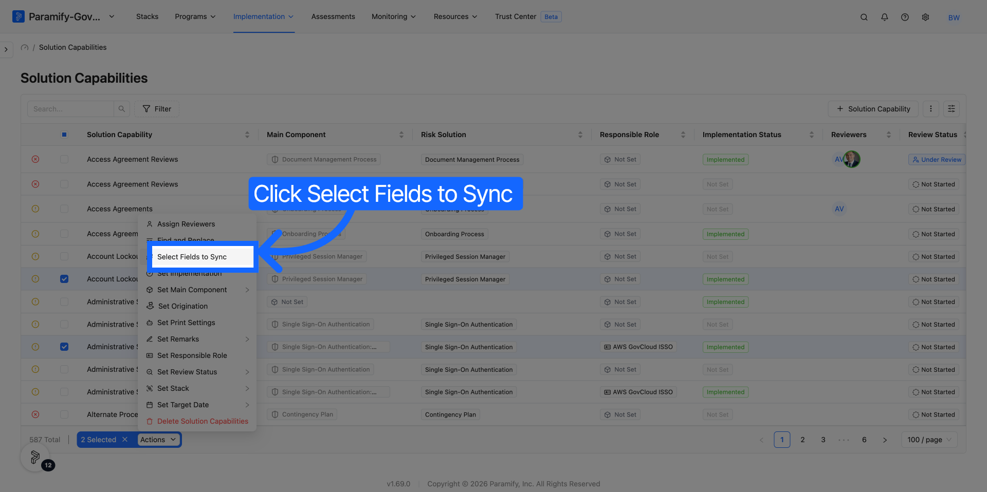 SC list page with Actions dropdown open showing the Select Fields to Sync option highlighted