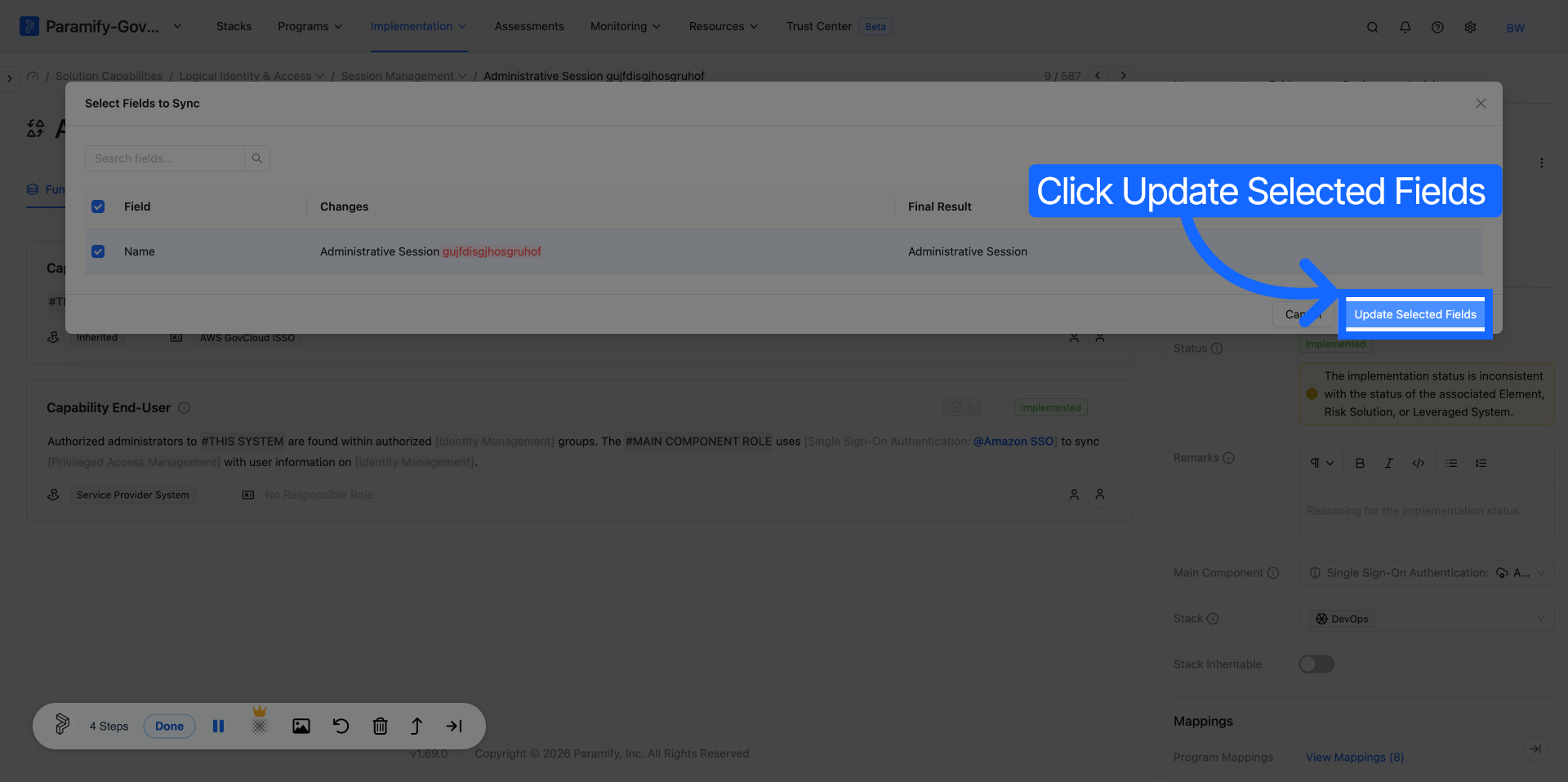 Field Sync Modal with the Update Selected Fields button highlighted