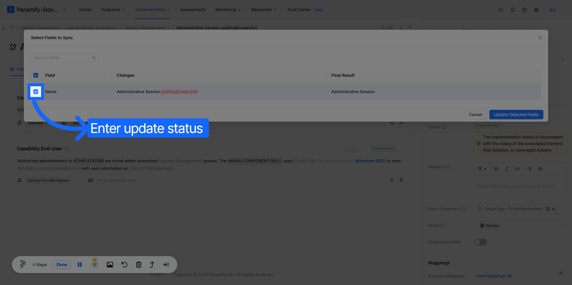 Field Sync Modal showing the Name field selected with its checkbox checked, Changes column showing the diff, and Final Result column