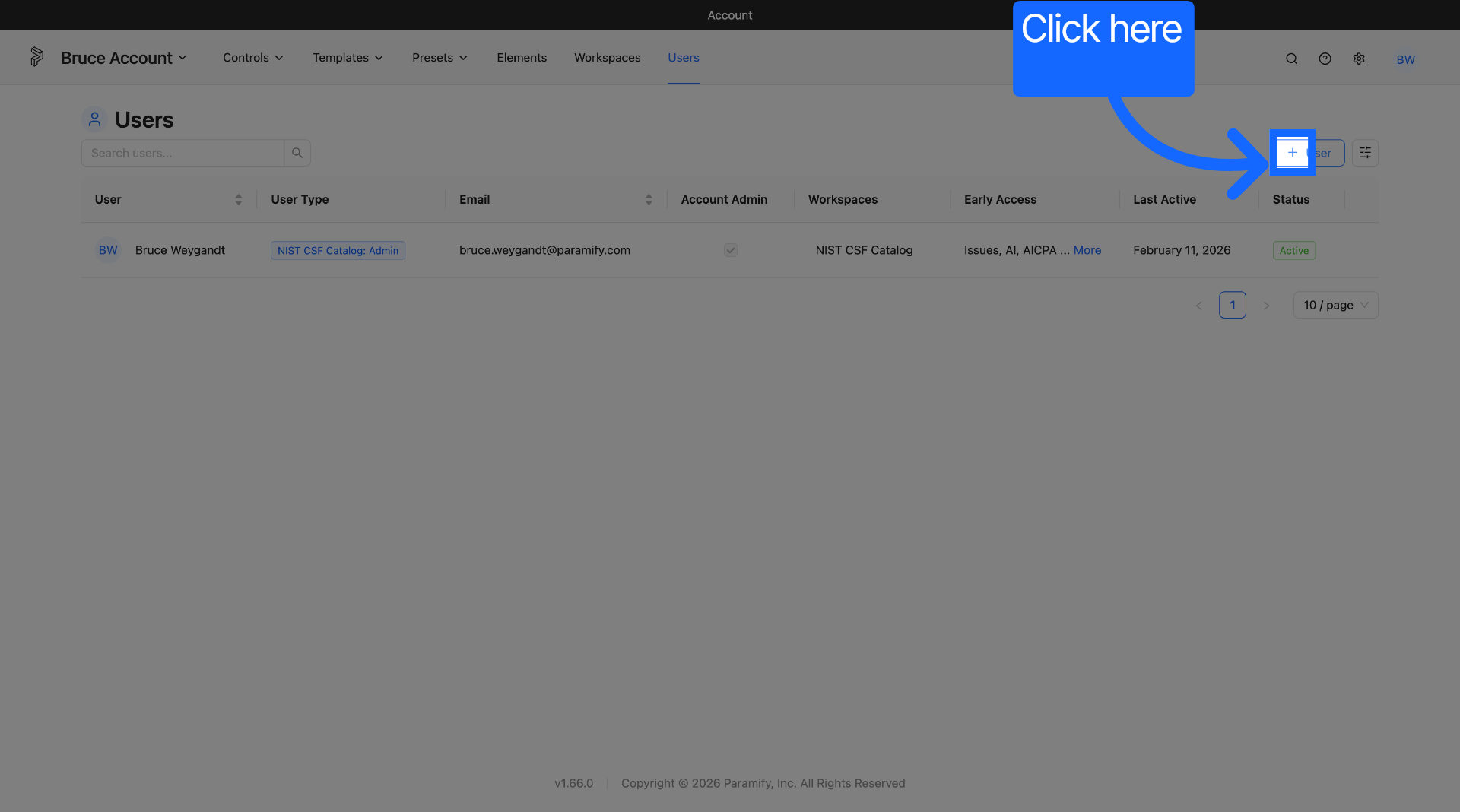 Users page with the + user button highlighted in the top right