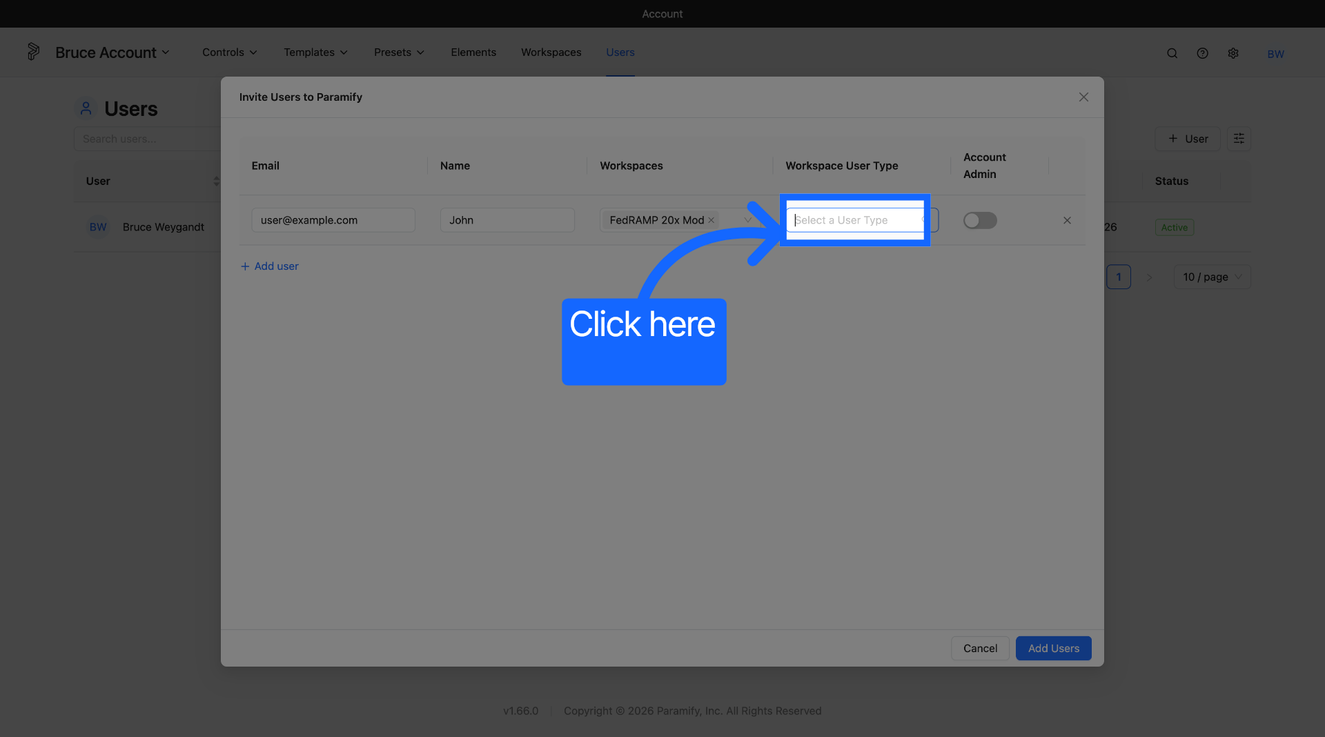 User permissions dropdown showing the available user types