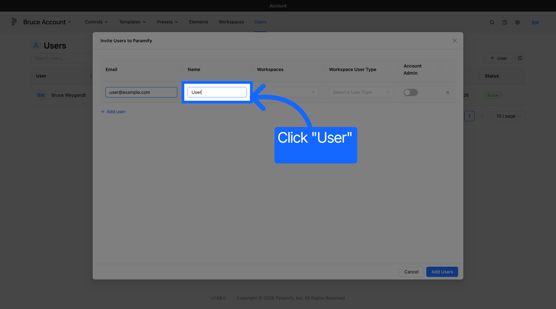 New user form with the Name field highlighted