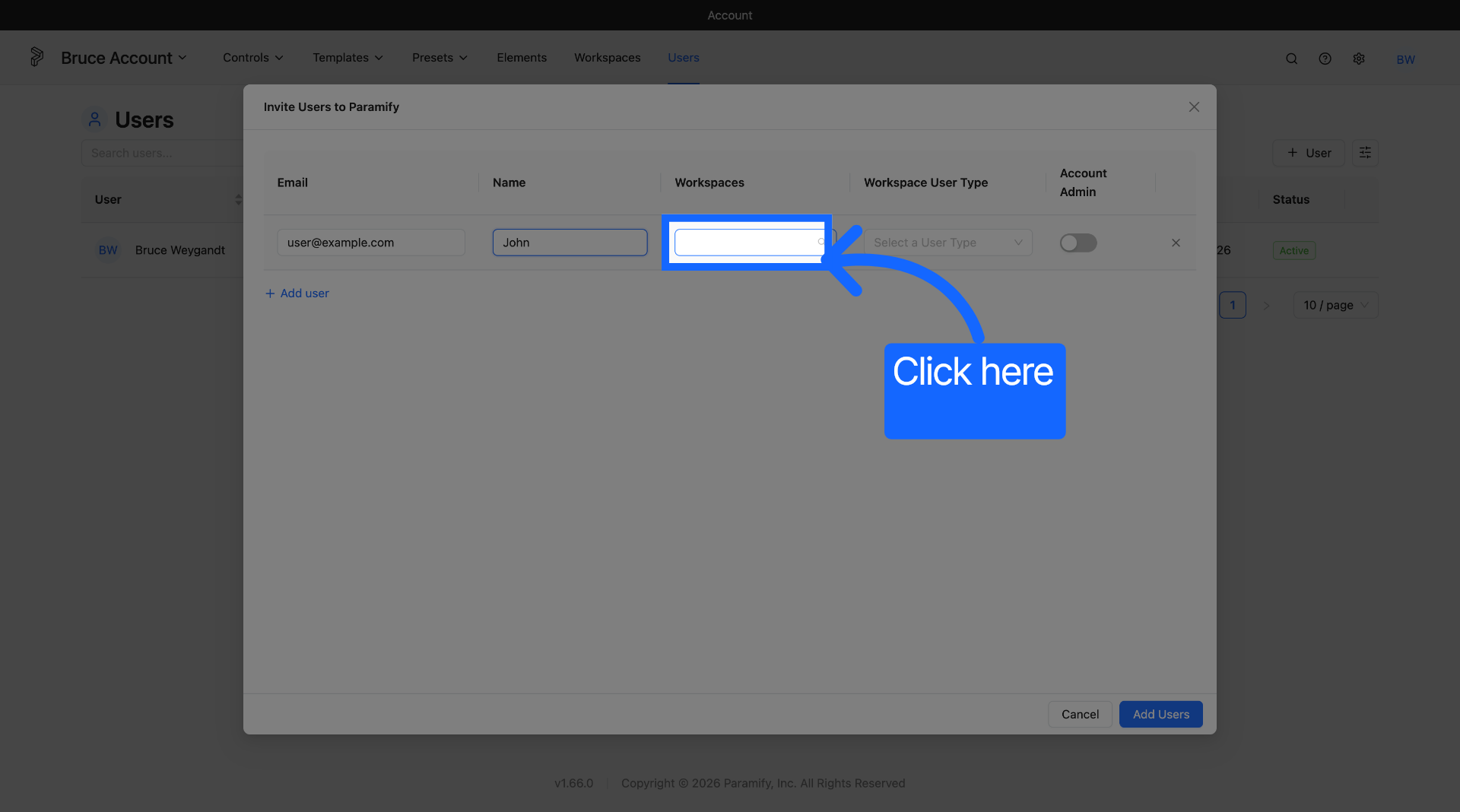 New user form with the Workspace selection dropdown open