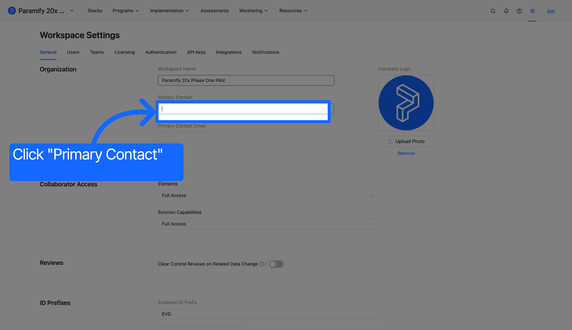 Open Primary Contact Settings