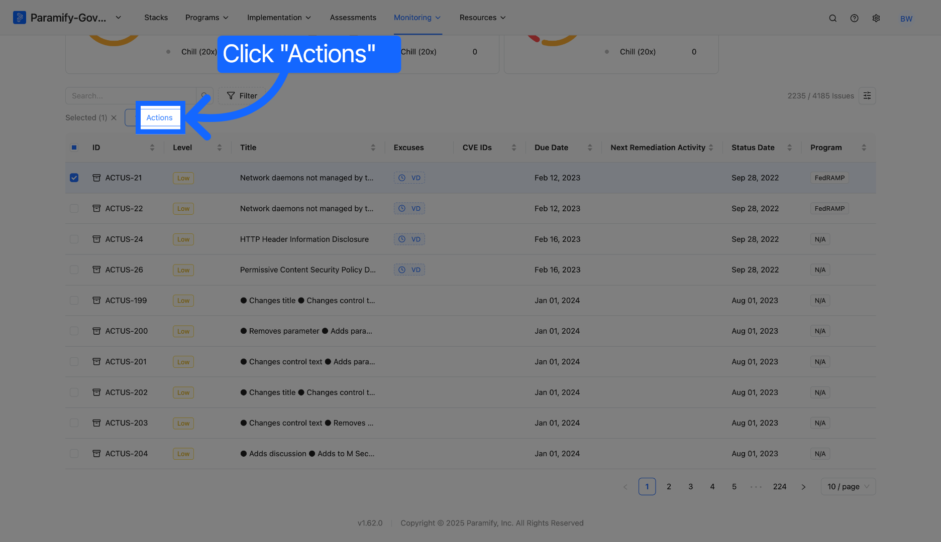 Access Actions Menu