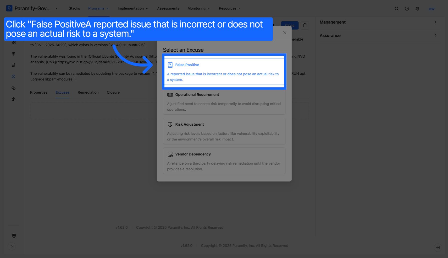 Select False Positive Excuse