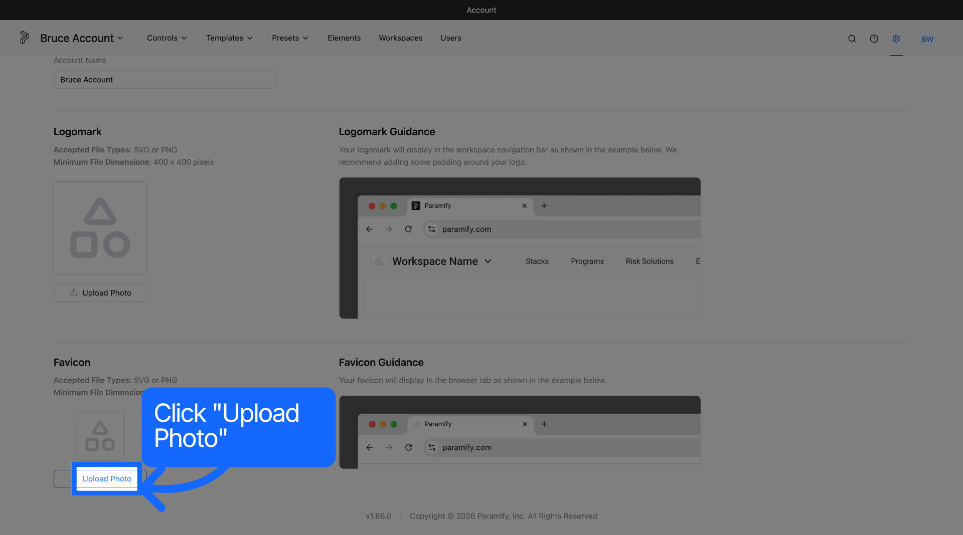 Favicon section with the Upload Photo button highlighted and a browser tab example