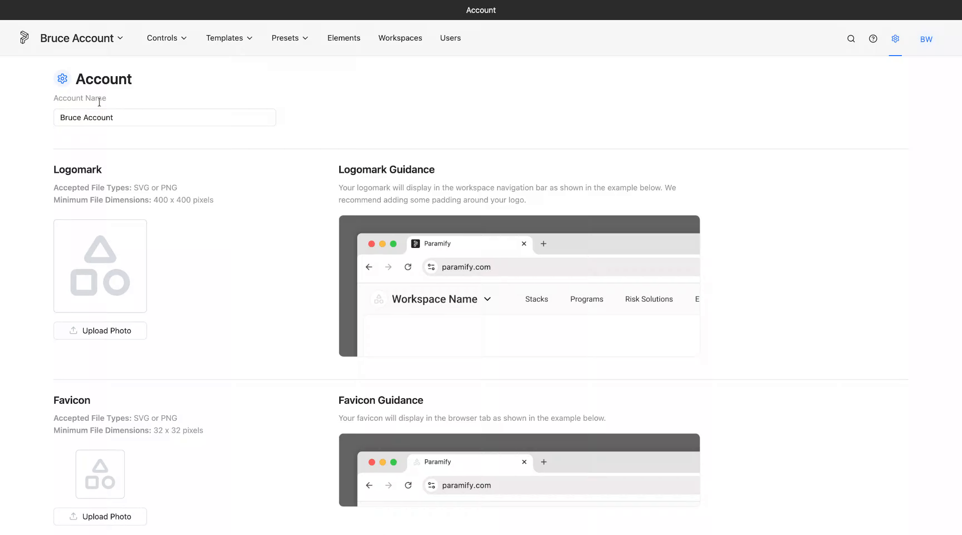 Account Settings page showing Account Name, Logomark, and Favicon sections