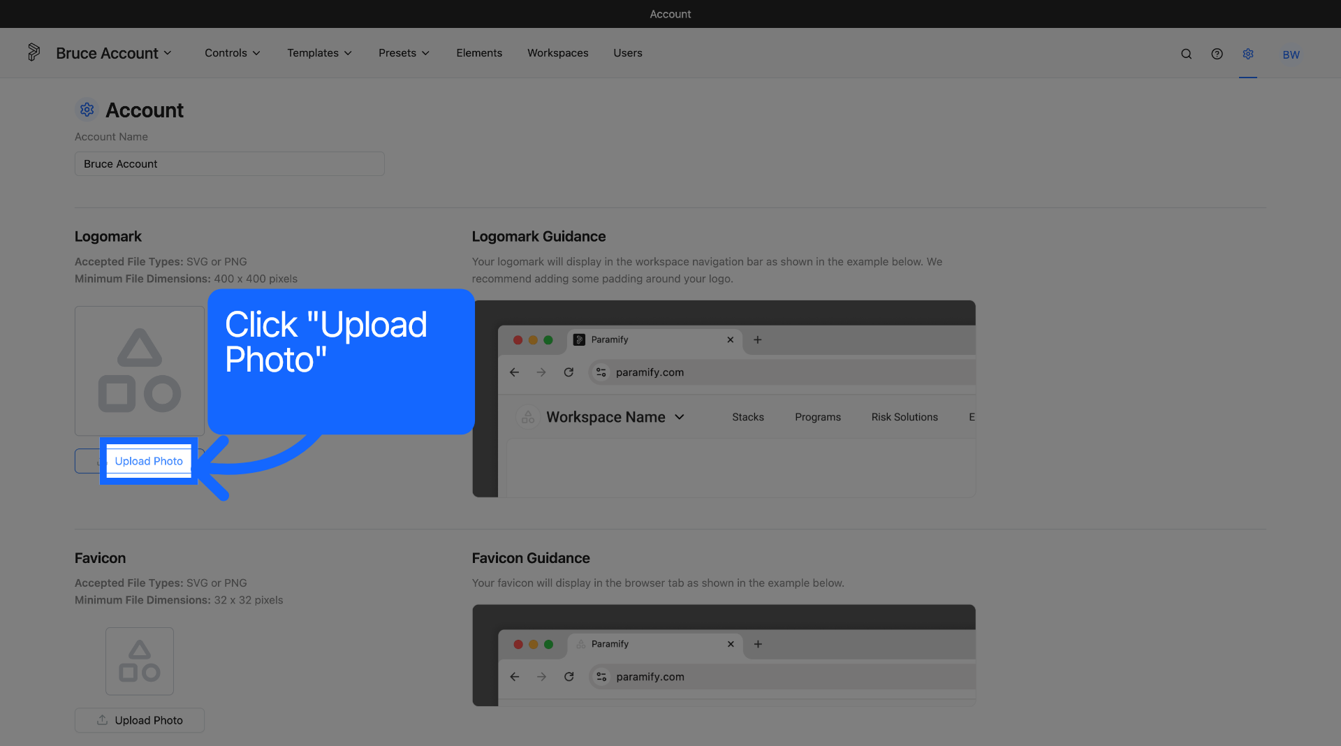 Logomark section with the Upload Photo button highlighted