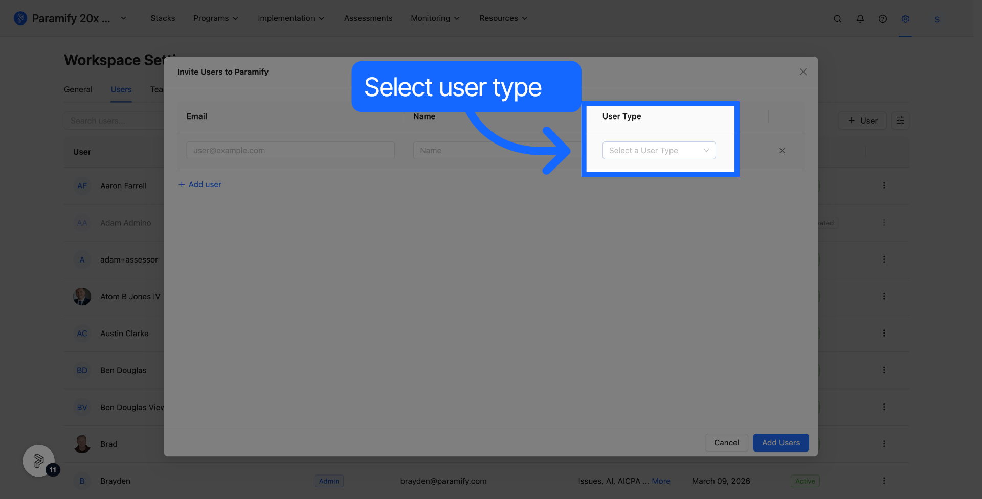 Open User Type Options