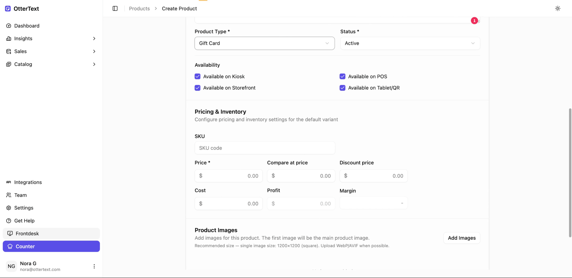 Begin Product Gift Card Setup