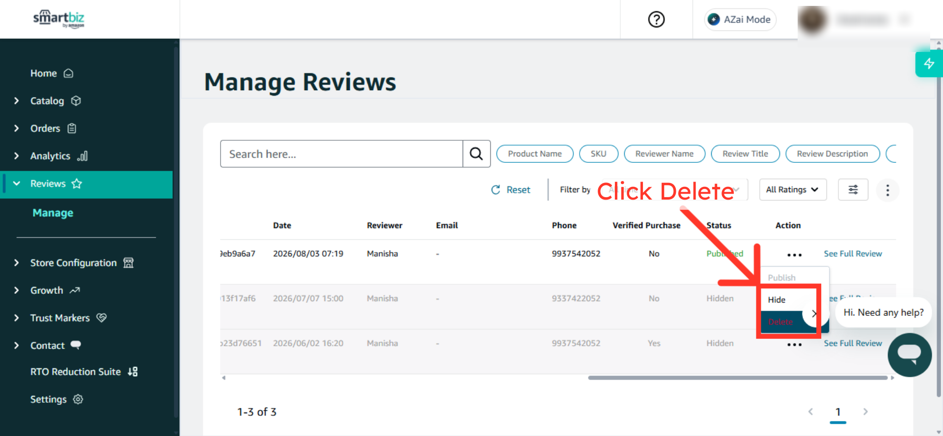 Delete Selected Review